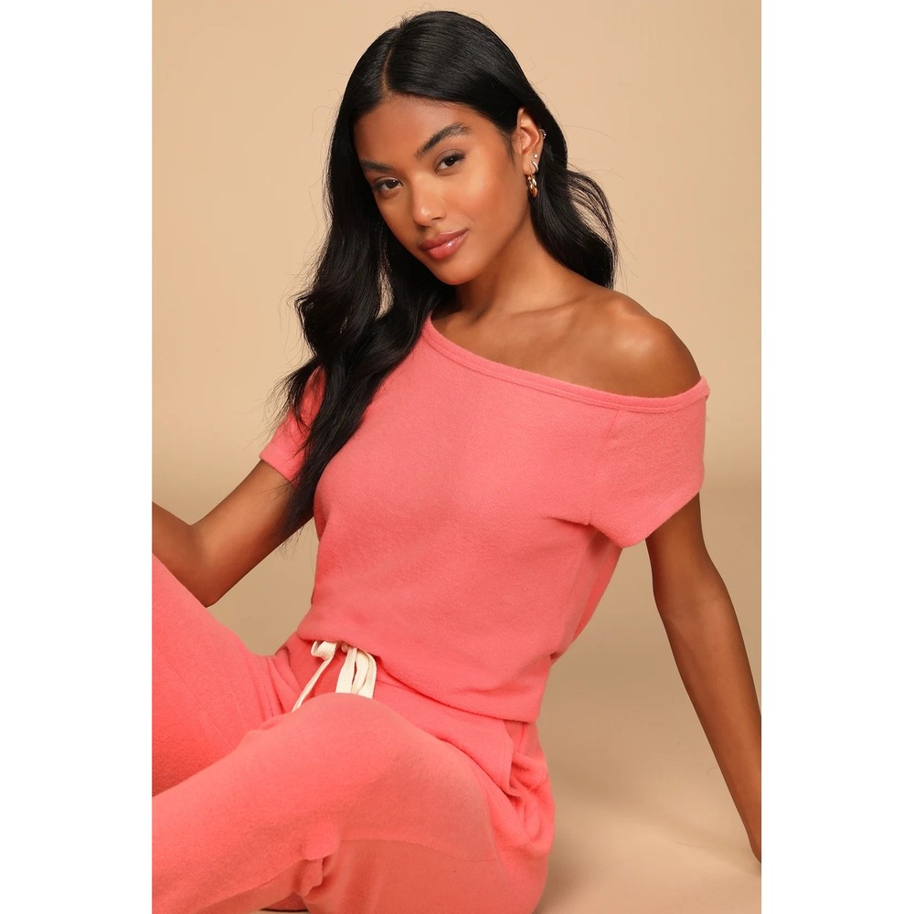 Lulus Relaxing Weekend Coral Pink Off-the-Shoulder Lounge Jumpsuit Size Large